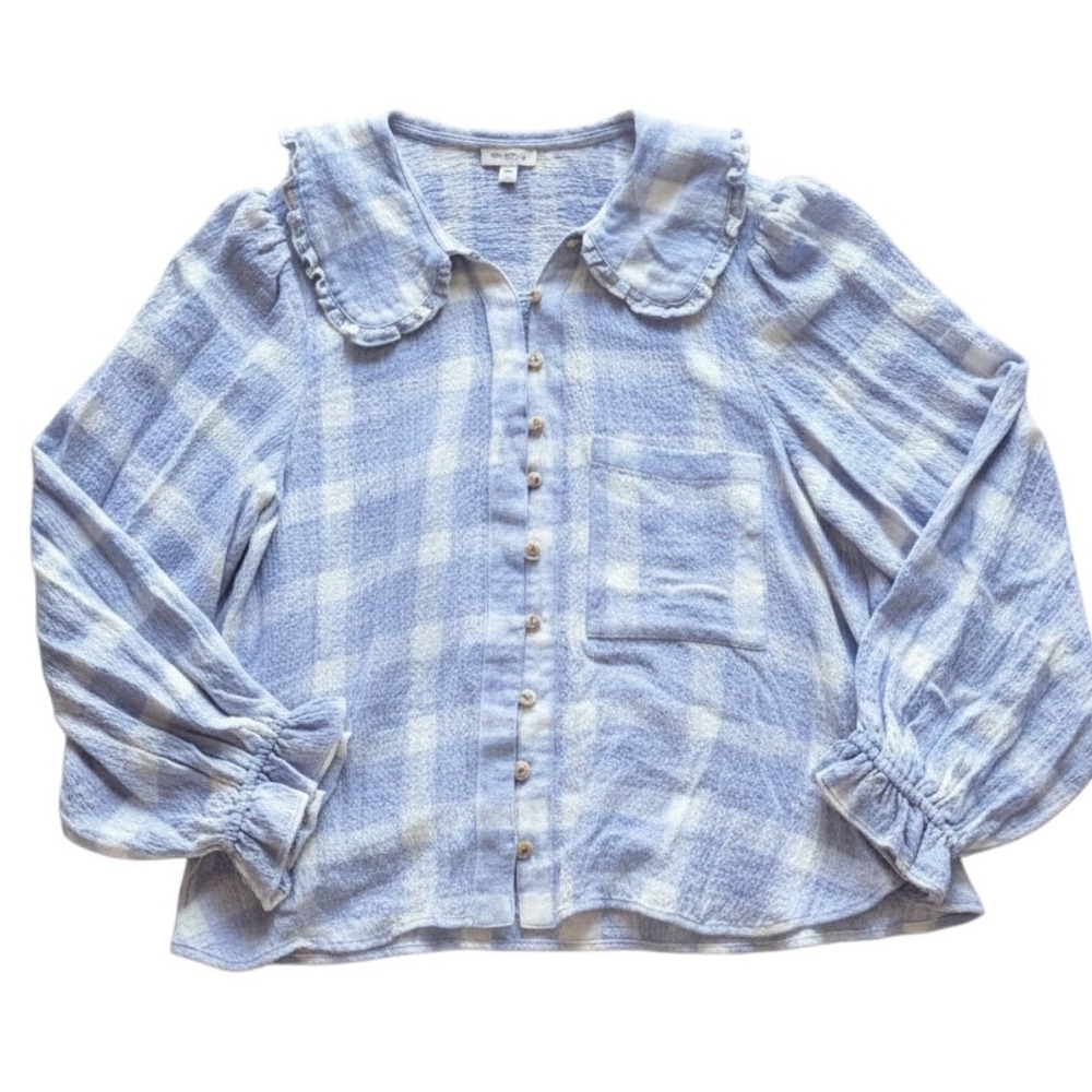 Pilcro Anthropologie Ruffle Peter Pan Collar Blouse Blue Plaid Gauze Womens MP